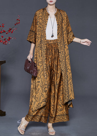 Brown Oversized Print Silk Two Pieces Set Summer