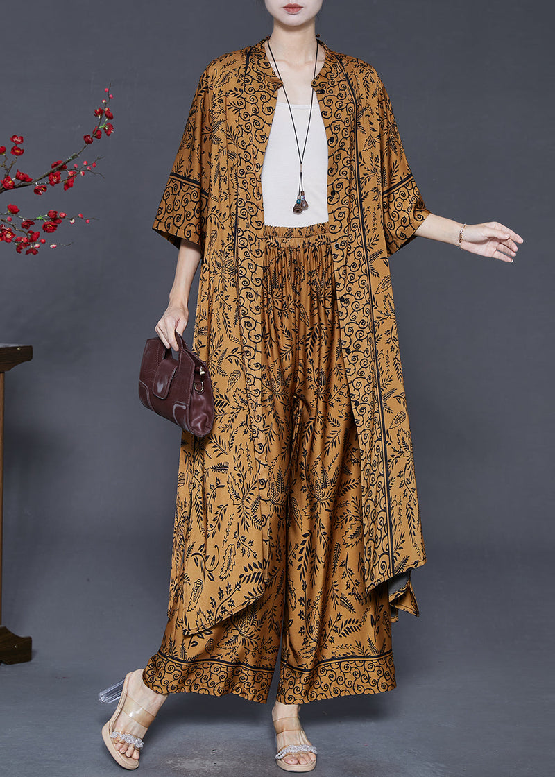 Brown Oversized Print Silk Two Pieces Set Summer