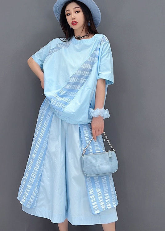 Art Blue O-neck Patchwork Wrinkled Tops and Wide Leg Pants 2 Piece Outfit Summer