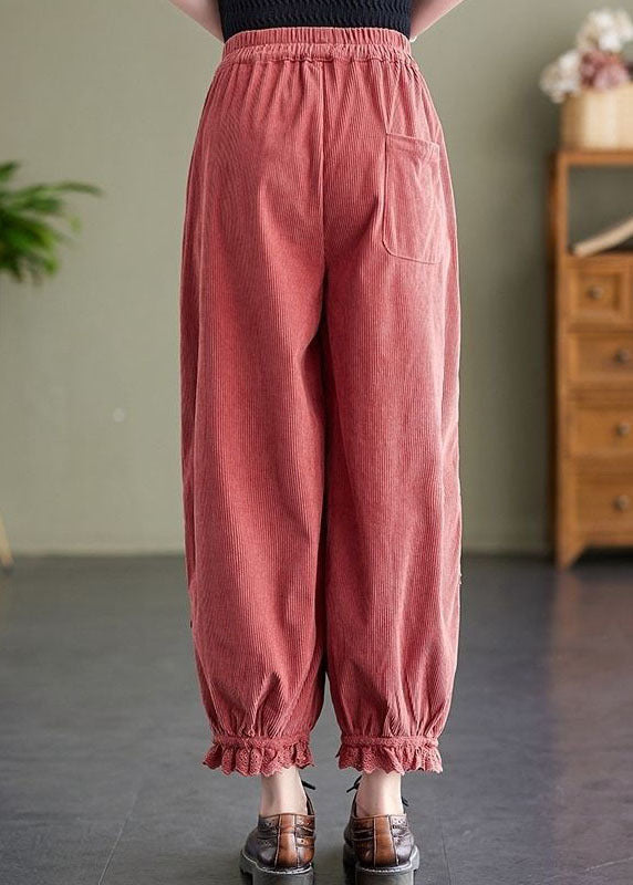 Diy Pink Elastic Waist Embroideried Warm Fleece Corduroy Harem Pants Spring