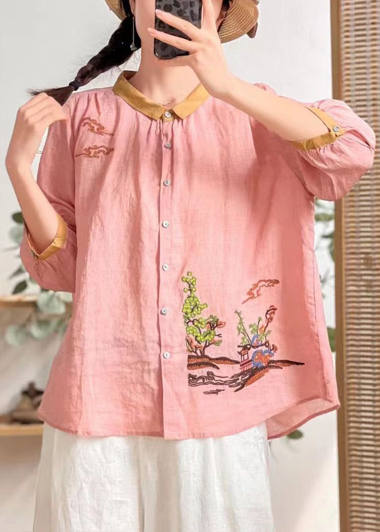 Yellow Embroideried Patchwork Linen Shirt Tops Summer