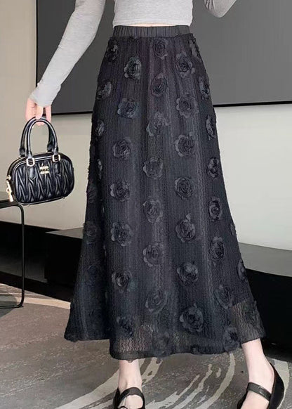 Black Patchwork Cotton Skirt Elastic Waist Spring