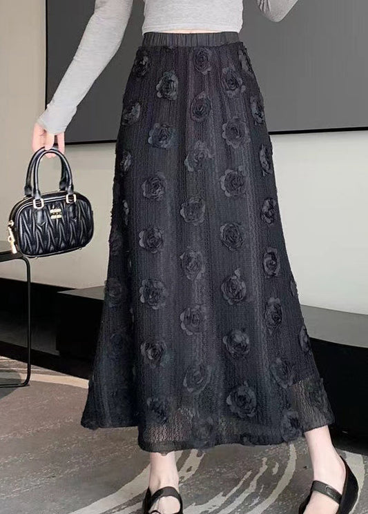 Black Patchwork Cotton Skirt Elastic Waist Spring