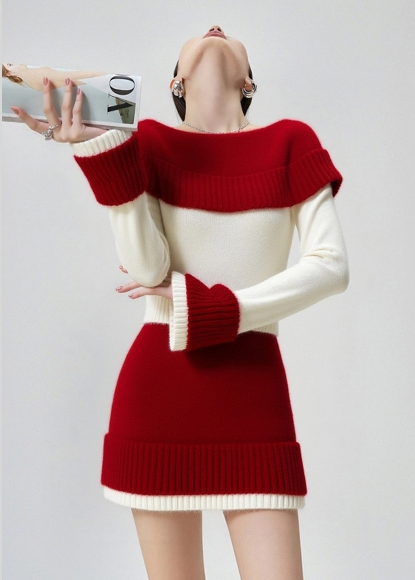 Colorblock Slash Neck Patchwork Knit Sweater and Skirt Two Pieces Set Fall