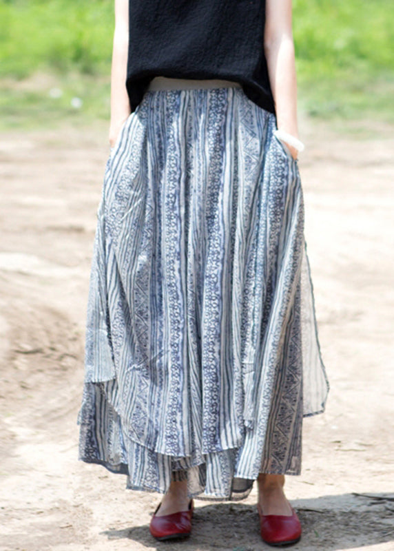 Blue Pockets Print Silk Wide Leg Pants Skirt Summer