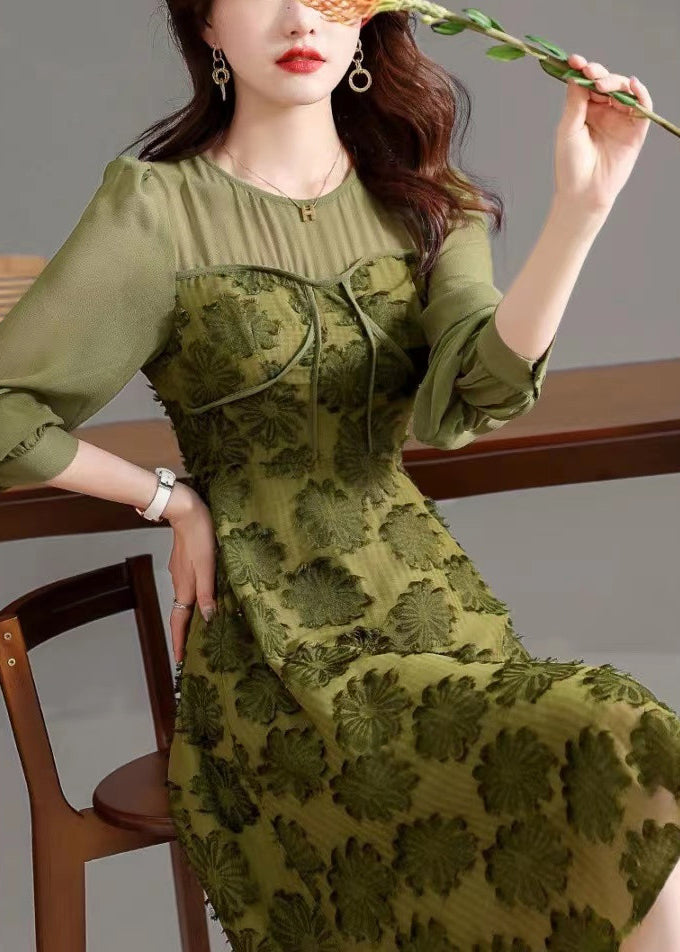 Army Green O Neck High Waist Patchwork Chiffon Dresses Fall