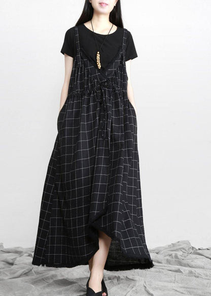 Diy Black Plaid Italian Cotton V Neck Vacation Dresses