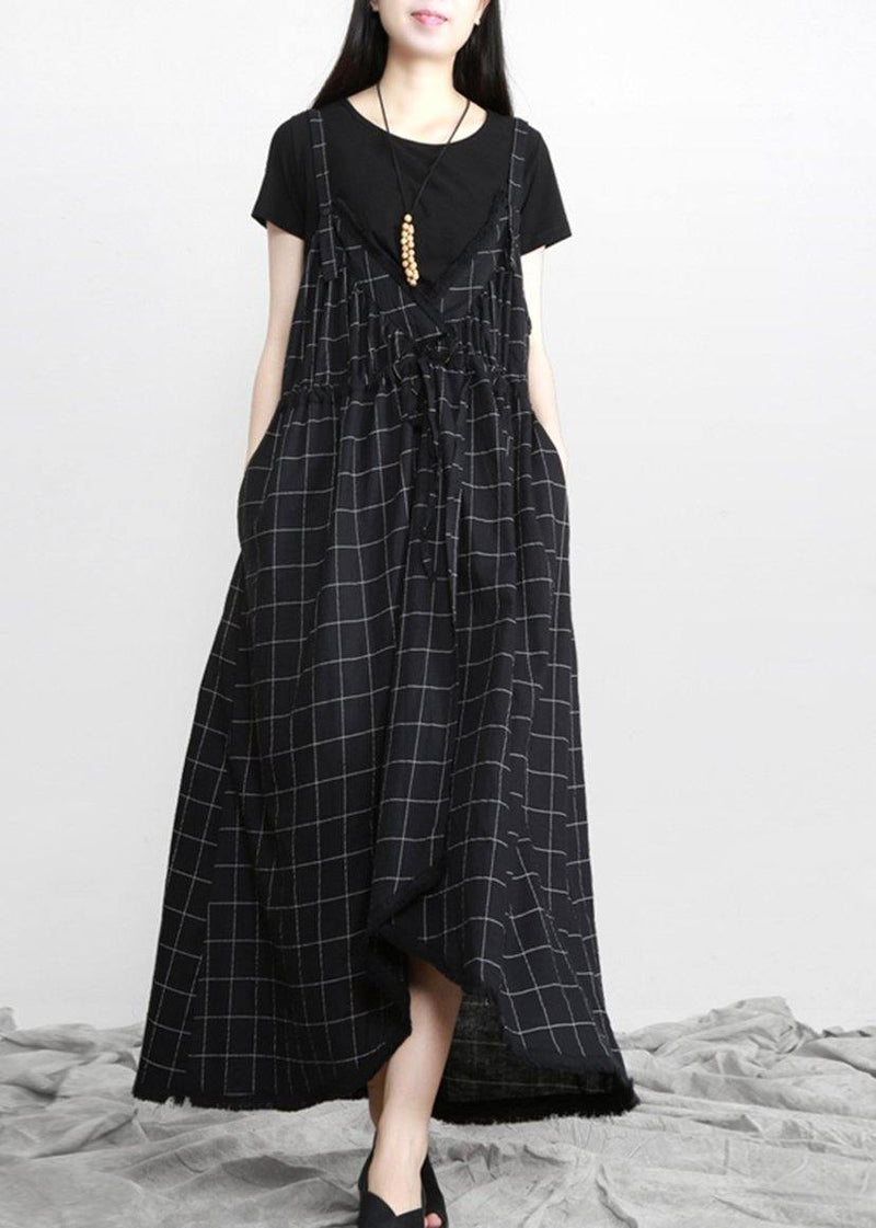 Diy Black Plaid Italian Cotton V Neck Vacation Dresses