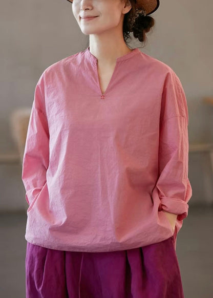 Pink V Neck Side Open Cotton Blouses Fall