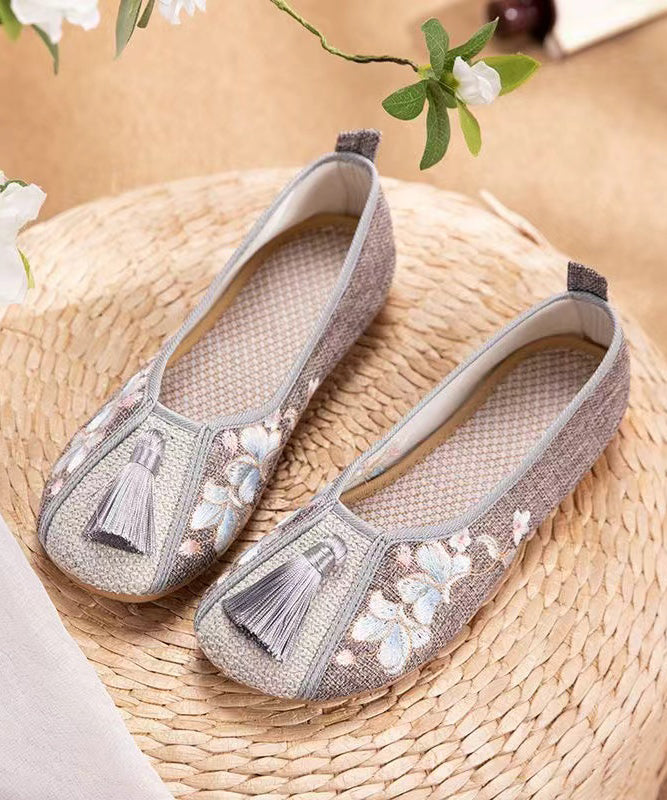White Tassel Embroidery Linen Fabric Flat Feet Shoes