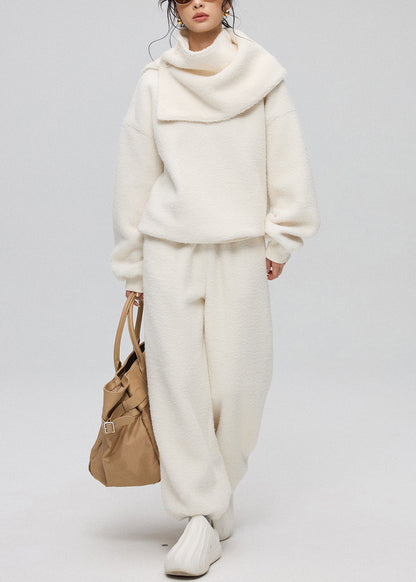 Loose White O-neck Button Teddy Faux Fur Three Pieces Set Winter