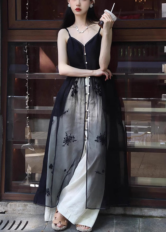 New Black Button Spaghetti Strap Dress and White Pants Silk 2 Piece Sleeveless