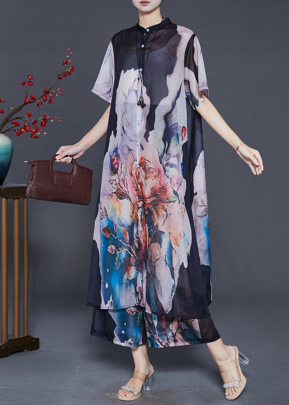 New Black Oversized Print Chiffon Two Pieces Set Summer