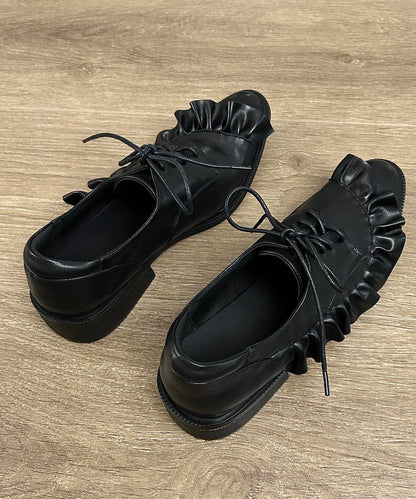 Original Design Black Ruffled Lace Up Splicing Flat Feet Shoes