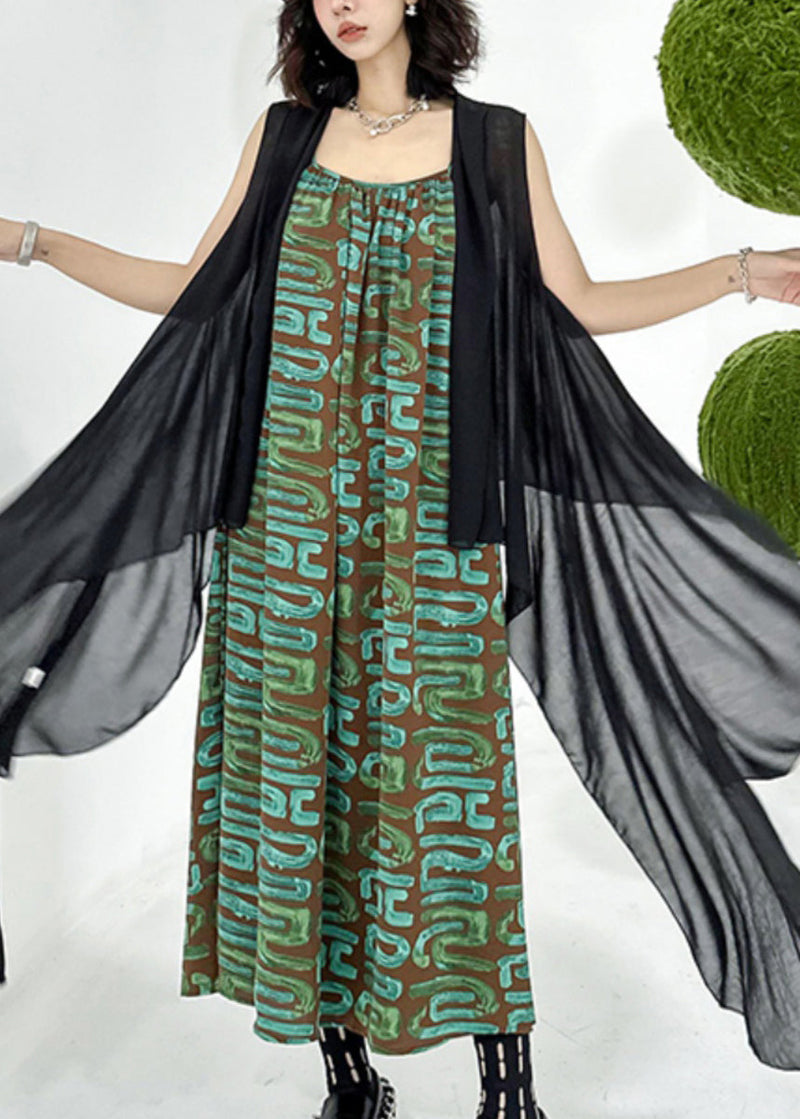 Black Waistcoat and Spaghetti Strap Dress Patchwork Chiffon Two Pieces Set Sleeveless