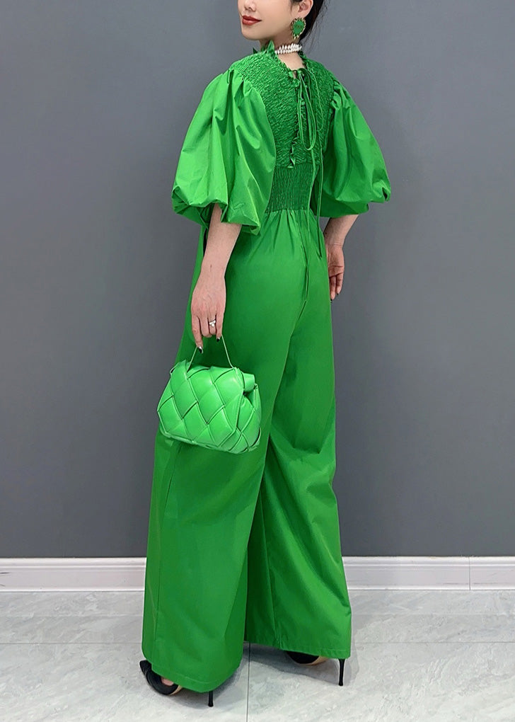 Green V Neck Wrinkled Elastic Waist Jumpsuit Summer