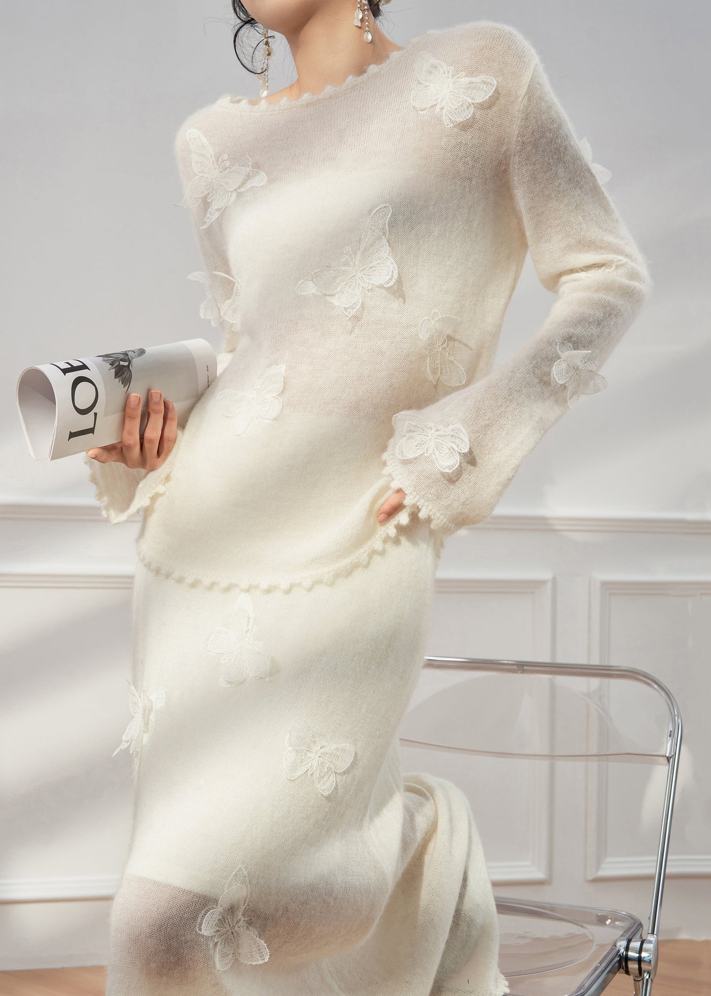 Slim Fit White Butterfly Sweaters and Skirts Knit Two Pieces Set Fall