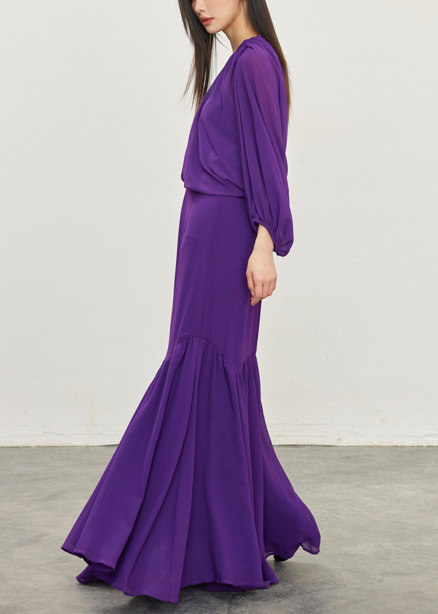 Purple Wrinkled Tops and Skirts Chiffon Two Pieces Set Batwing Sleeve