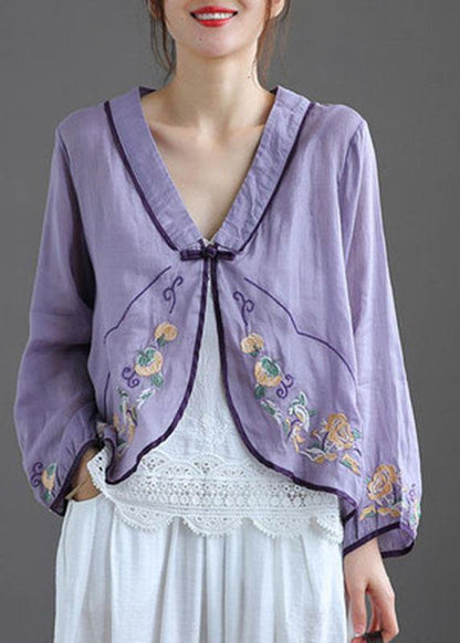 Green V Neck Embroideried Summer Ramie Cardigan Long Sleeve