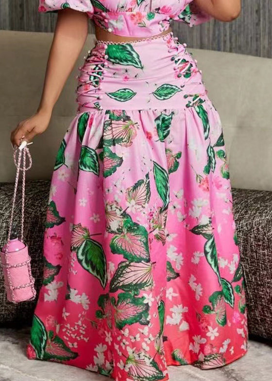 New Pink Gradient Color Print Tops and Skirts Cotton Two Pieces Set Summer