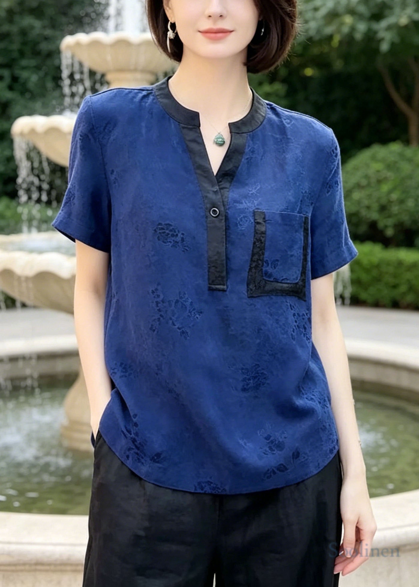 Blue Jacquard Patchwork Pocket Silk Blouses Summer