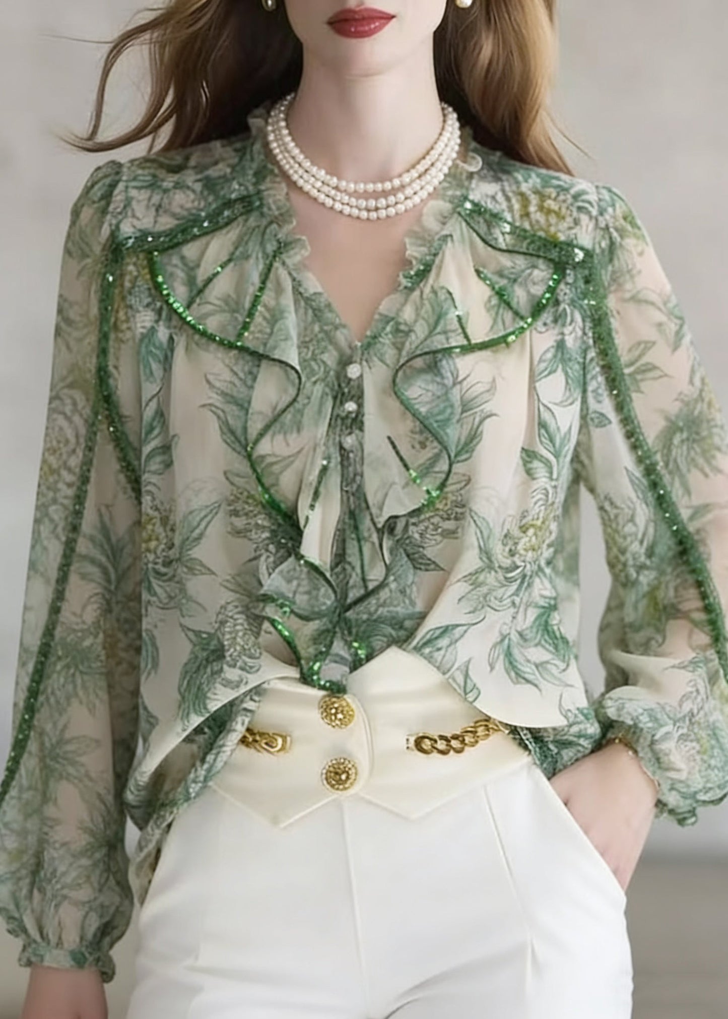 Stylish Green Ruffled Print Patchwork Chiffon Blouse Spring