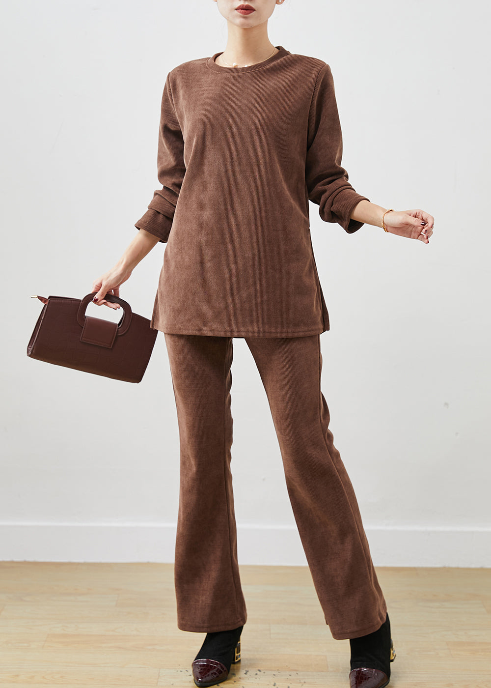 Brown Side Open Corduroy Two Piece Set Spring