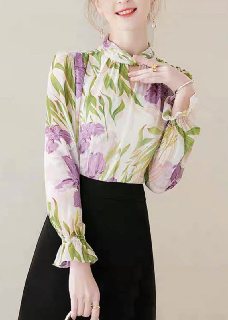 Apricot Print Patchwork Chiffon Blouses Flare Sleeve