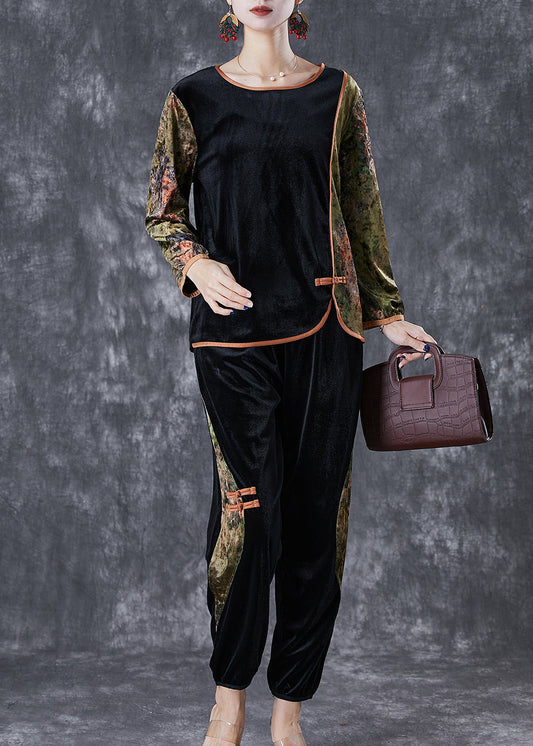 Green Patchwork Silk Velour Two Pieces Chinese Button Set Fall
