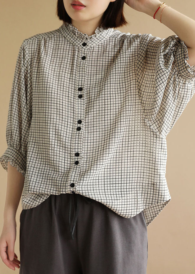 Black White Plaid Ruffled Button Shirt Top Bracelet Sleeve