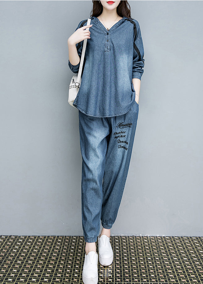 Blue Embroideried Cotton Hooded Coats and Pants Two Pieces Set Fall