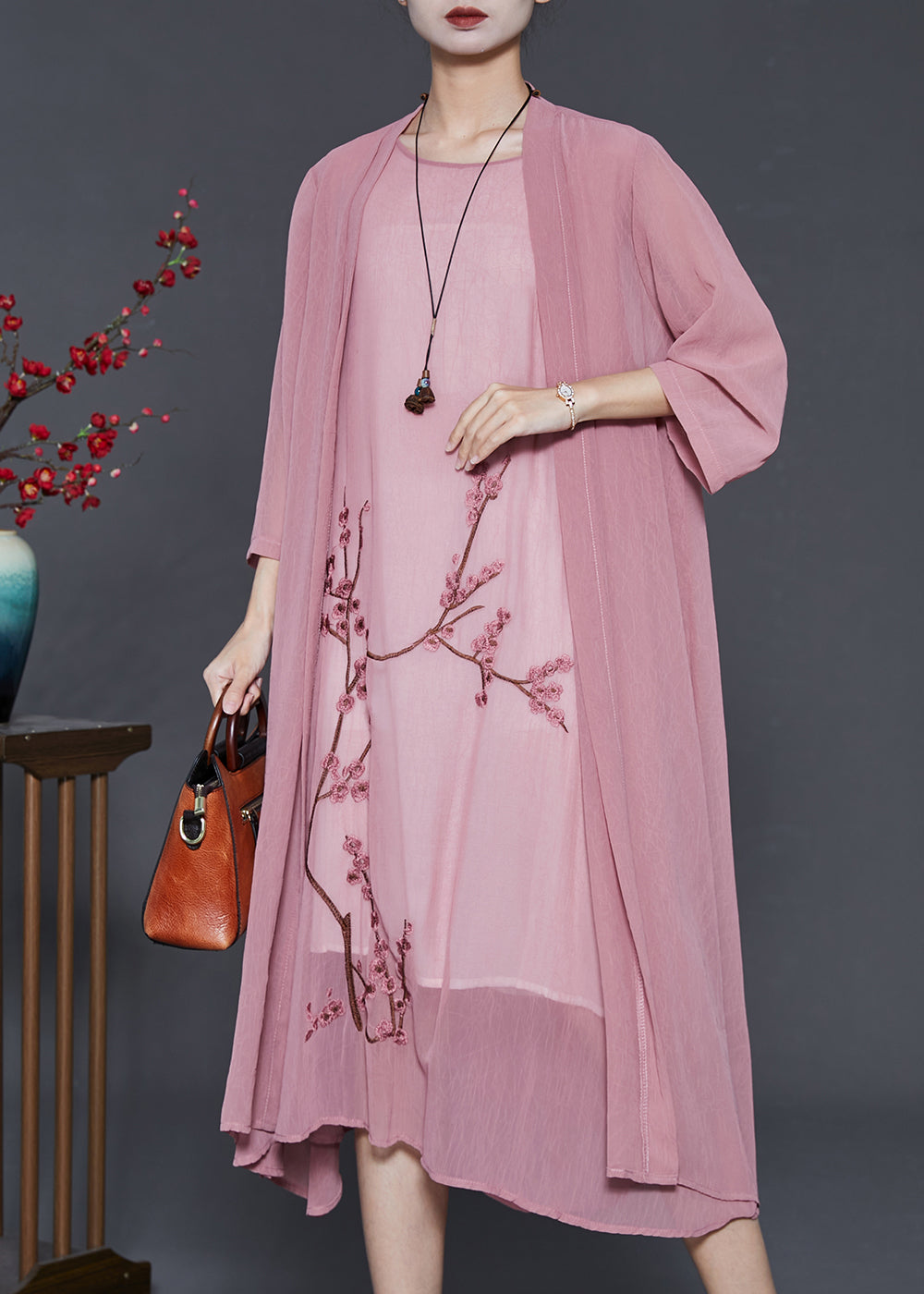 Brick Pink Plum Blossom Embroidered Chiffon 2 Piece Outfit Summer