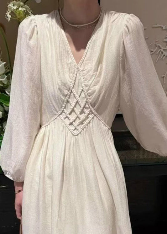 Beige V Neck High Waist Cotton Long Dress Fall