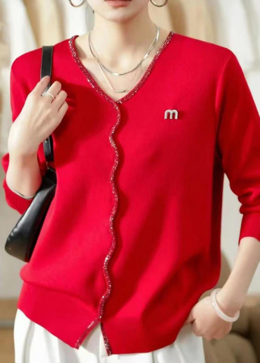 Warm Red V Neck Knit Sweaters Fall