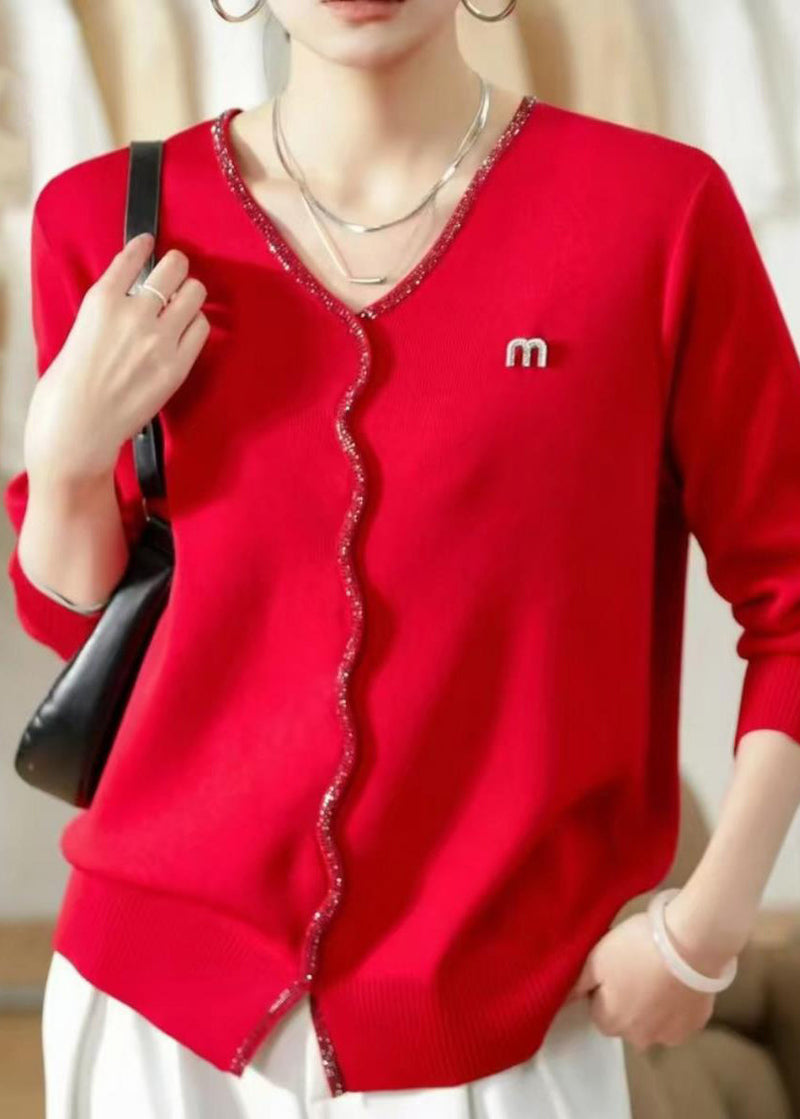 Warm Red V Neck Knit Sweaters Fall