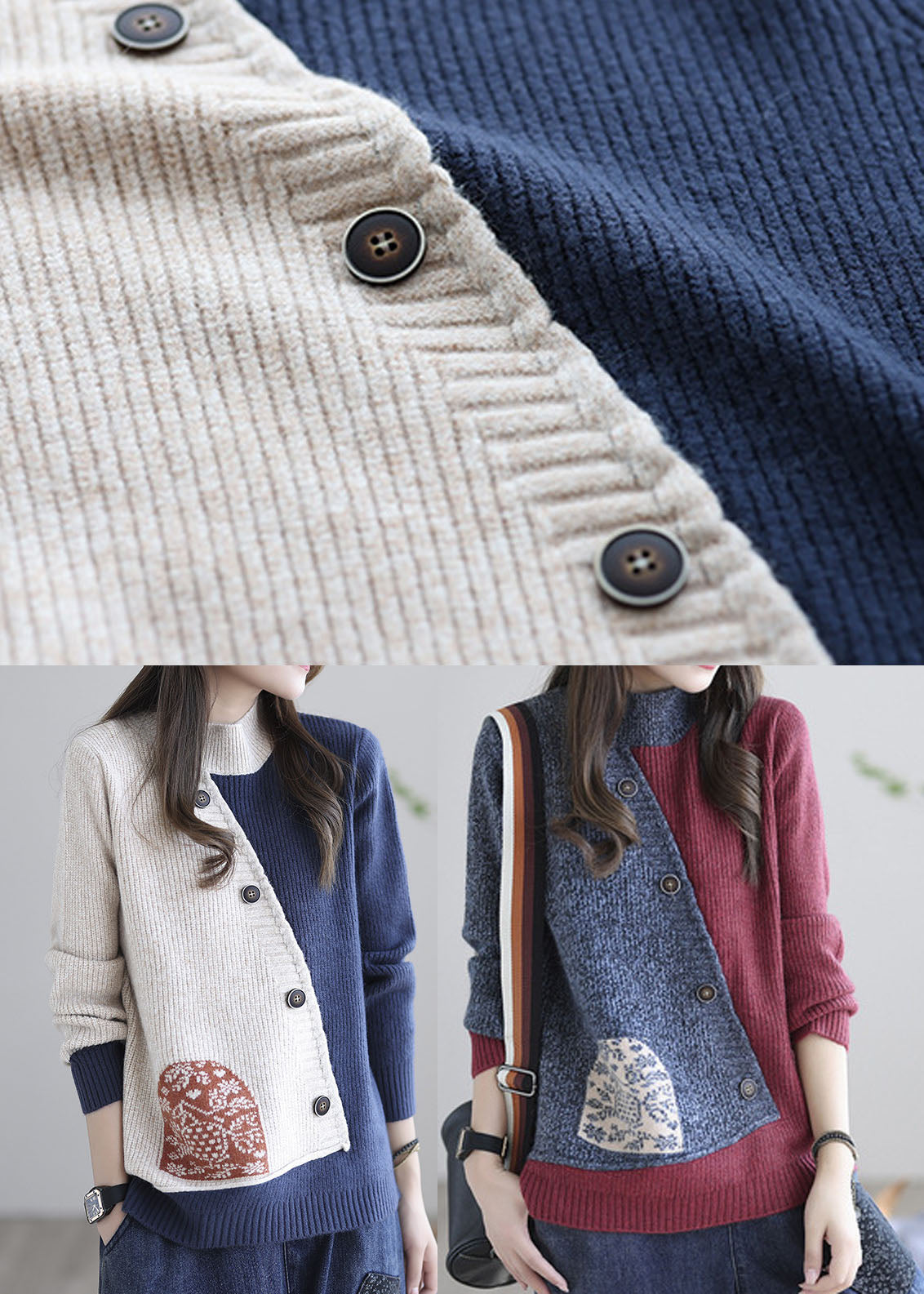 Beige Blue Print Loose Knitted Tops Button Spring
