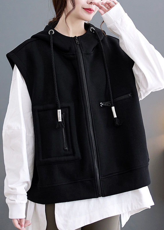 Black Patchwork Pockets Hoodie Waistcoat Fall