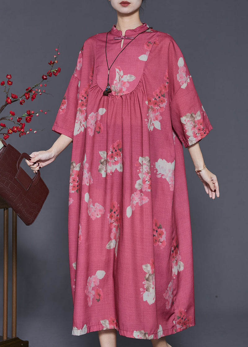 Red Print Chinese Button Cotton Dresses Spring