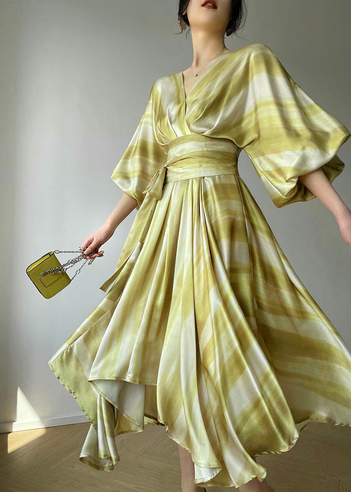 Light Green V Neck Asymmetrical Exra Large Hem Silk Cinch Dresses Puff Sleeve