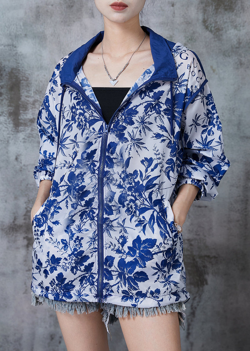 Blue Hooded Print Spandex Coat Outwear Fall