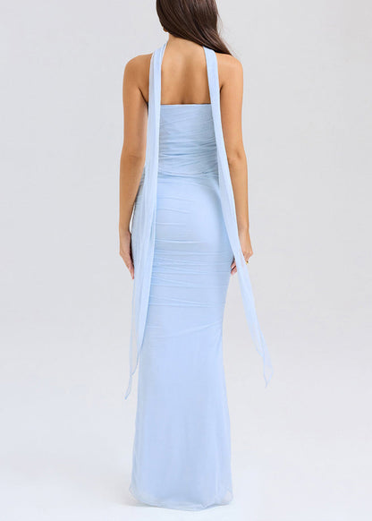Slim Fit Blue Strapless Tops and Skirts Tulle Two Pieces Set Sleeveless