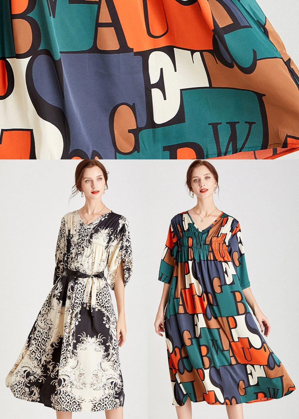 Modern Orange Green Print V Neck Summer Holiday Dress Half Sleeve