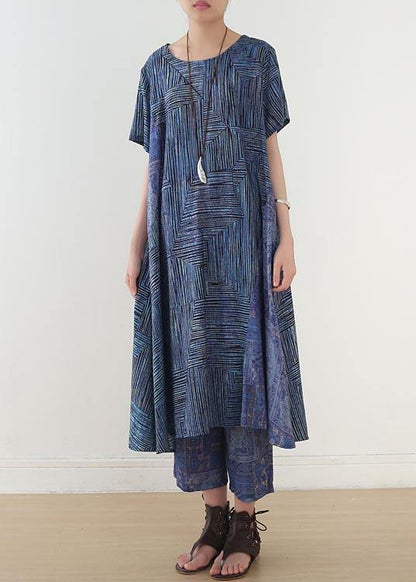Blue Print Linen Dress Short Sleeve Summer Two Piece Set Clothing