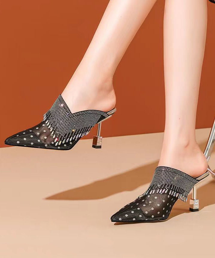 Black Tulle Zircon Tassel Slide Sandals Pointed Toe