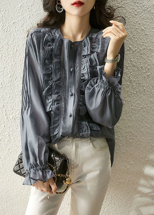 Simple Blue Grey Button O-neck Ruffled Chiffon Top Lantern Sleeve