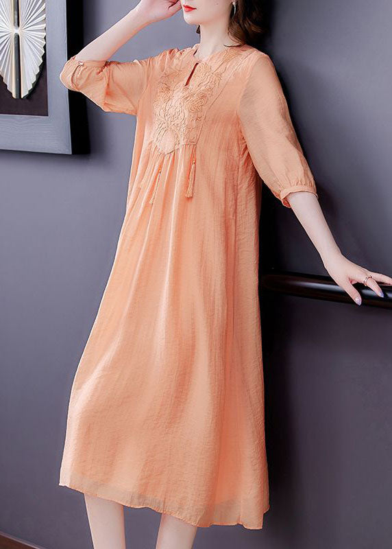 Orange Tasseled Embroideried Patchwork Silk Dress Half Sleeve