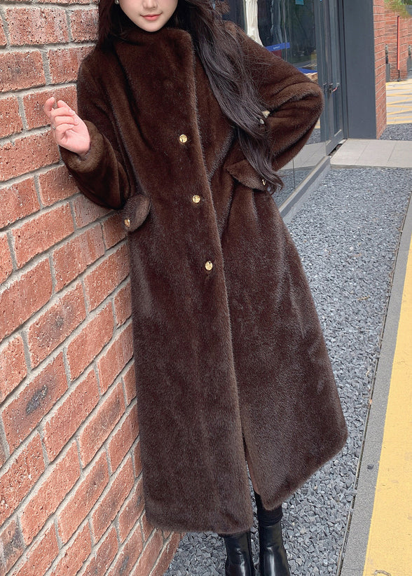Beige Notched Button Thick Leather and Fur Long Coats Winter