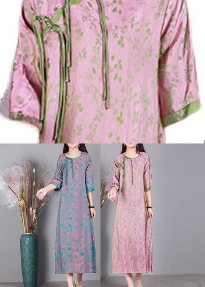 Jacquard Pink O-neck Print Button Silk Long Dress Half Sleeve