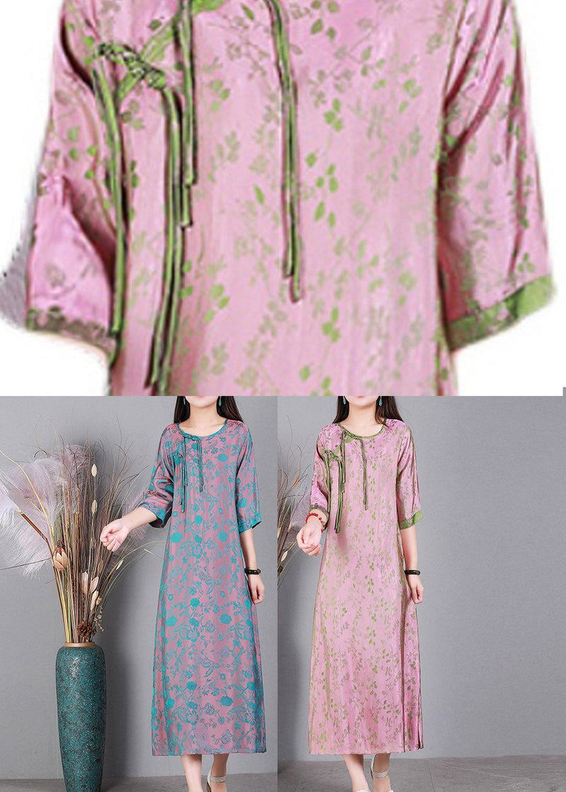 Jacquard Pink O-neck Print Button Silk Long Dress Half Sleeve