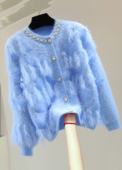 Handmade Blue Nail Bead Patchwork Tassel Cotton Knit Sweaters Winter